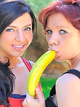 Lesbian Babes: Rita and Madeline masturbating with bananas