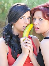 Hot Pussy, Rita and Madeline masturbating with bananas
